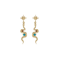 Natural Turquoise and Ruby Cosmic Snake Earrings (14K) front - Popular Jewelry - New York