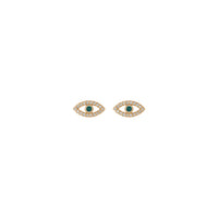 Front view of a pair of 14k rose gold eye stud earrings featuring a round alexandrite gemstone as the iris of the eye. Round white sapphire gemstones complement the look by bordering the outline of the eyes.