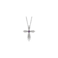 Front view of a 14k white gold ribbed cross necklace featuring a bezel set round alexandrite gemstone
