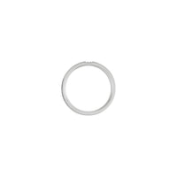 Upper view of a 14k white gold ring featuring three vertically set round white diamonds in the center