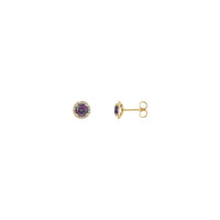 Front and side view of a pair of 14K rose gold white Diamond halo setting earrings featuring a round Alexandrite center gemstone