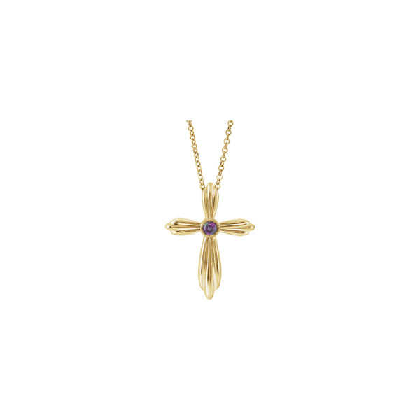 Front view of a 14k yellow gold ribbed cross necklace featuring a bezel set round alexandrite gemstone