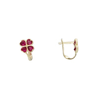 Red Zirconia Four-Lead Clover Huggie Earrings (14K)