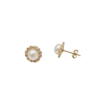 14K Gold Round Halo Pearl Stud Earrings