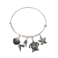 Antique Finish Ocean Creatures Charm Bangle Bracelet (Silver)