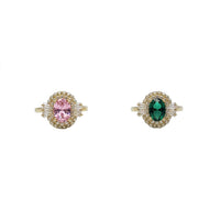 Oval Gemstones Baguette CZ Halo Lady Ring (14K)