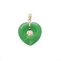 Green Jade Good Fortune Chinese Symbol Heart Pendant (14K)