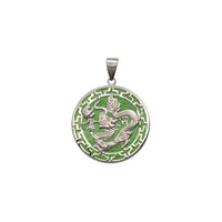 Green Jade Dragon Disc Pendant With Greek Key Border (Silver)
