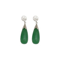 Green Jade 'Good Fortune' Teardrop Dangling Stud Earrings (Silver)