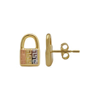 Tri-Color Greek Key Padlock Stud Earrings (14K)