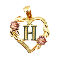 Initial Letter Heart & Flower Framed Pendant (14K)