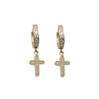 Dangling Cross CZ Huggie Earrings (14K)