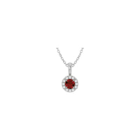 Natural Round Mozambique Garnet and Diamond Halo Necklace (Silver) front - Popular Jewelry - New York