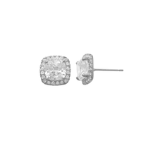Zirconia Halo Square Stud Earrings (14K)