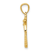 14 Karat Yellow Gold Textured Thick Trunk Polished Palm Tree Pendant Product Side View Thickness 23 mm x 11 mm 0.91 inch x 0.43 inch 0.96 grams K6077