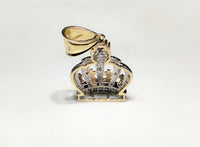 In the center: a 14K rose, white, and yellow gold king's crown pendant set with round and princess cut cubic zirconia standing rear view stamp made by Popular Jewelry