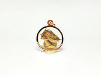 In the center: a framed profile of a blindfolded Lady Justice medallion style pendant in 14 karat yellow gold standing up facing viewer made by Popular Jewelry in New York City