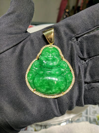 Laughing Jade Buddha Diamond Frame Pendant 14K