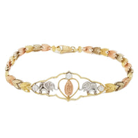 Cubic Zirconia (CZ) Elephant / Virgin Mary Tri-Color Gold Bracelet (14K).