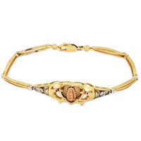 Cubic Zirconia (CZ) Virgin Mary / Dolphin Tri-Color Gold Bracelet (14K).