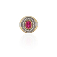 Two-Tone Red Center Stone CZ Round Ring (14K)
