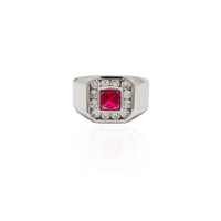 Bezel Set Square Red Stone Halo CZ Ring (14K).