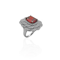 Flower Red Center Stone CZ Ring (Silver).