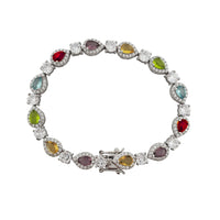 Multicolor Stone Teardrop Halo Link Bracelet (Silver)