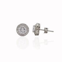 Round Stone Layered Halo Stud Earrings (Silver)