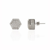 Iced-Out Hexagonal Box Stud Earrings (Silver)