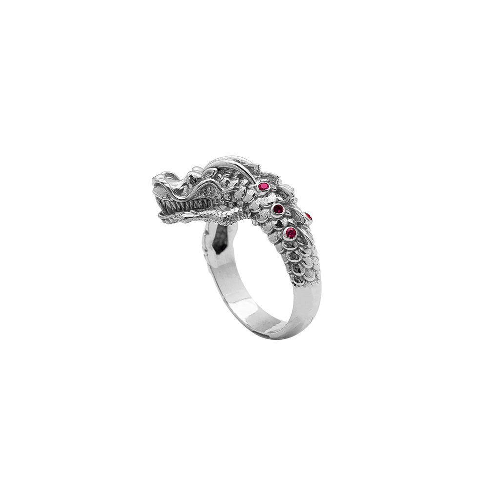 Zirconia Green-Eyes Textured Wrapped Dragon Ring (Silver