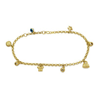 Zirconia Evil-Eye Ball Fashion Charms Rolo Anklet (14K)