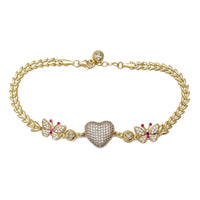 Zirconia Pink Butterfly Puffed Heart Fancy Bracelet (14K)