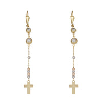 Tricolor Beads & Cross Dangling Earrings (14K)