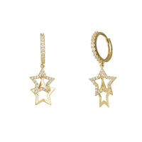 Double Star Outline Dangling Earrings (14K)