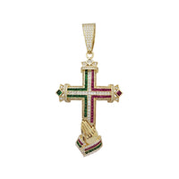Multicolor Praying Hands Cross Pendant (14K)