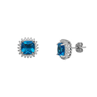 Zirconia Cushion Halo Stud Earrings (Silver)