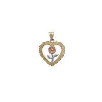 Two-Tone Long Stem Rose Heart Frame Pendant (14K)
