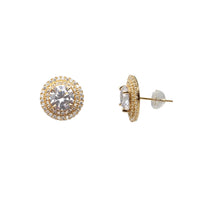 Zirconia Double Halo Round Stud Earrings (14K)