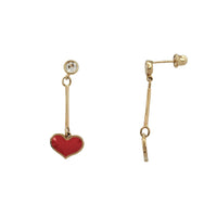 Zirconia Enameled Red Heart Dangling Bezel Stud Earrings (14K)