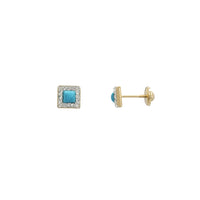 Zirconia & Blue Turquoise Square Stud Earrings (14K)
