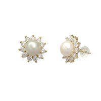 Zirconia Halo Pearl Stud Earrings (14K)