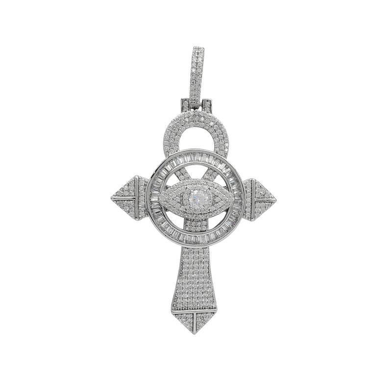Iced-out Halo Evil Eyes & Ankh Cross Pendant (Silver)