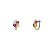 Red & White Zirconia Four-Lead Clover Huggie Earrings (14K)
