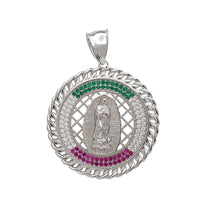 Iced-Out Mexican/Italian Circular Frame Virgin Mary Pendant (Silver)