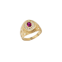 Red Zirconia Oval Bezel Silhouette-Sides Men's Ring (14K)