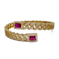 Icy Red Rectangle Bypass Cuban Bangle Bracelet (14K).