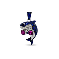 Iced-Out Boxing Blue Shark Pendant (Silver)