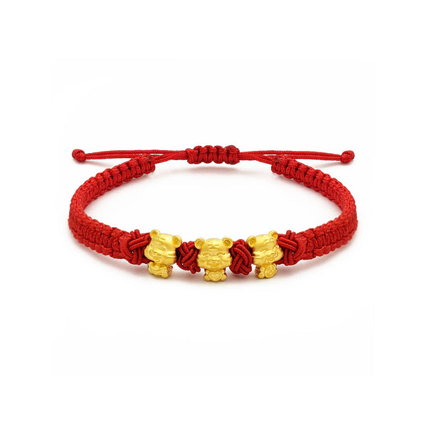 Happy Tiger Trio Chinese Zodiac Red String Bracelet (24K) main - Popular Jewelry - New York