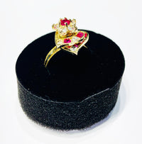 Flower and double heart motion CZ ring (14K).